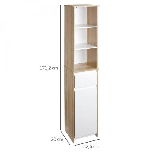 Armario Alto de Baño Mueble Columna de Baño con 1 Puerta Cajón y 3 Estantes Balda Ajustable para Cocina Salón 32,6x30x171,2 cm Madera Natural y Blanco [1]