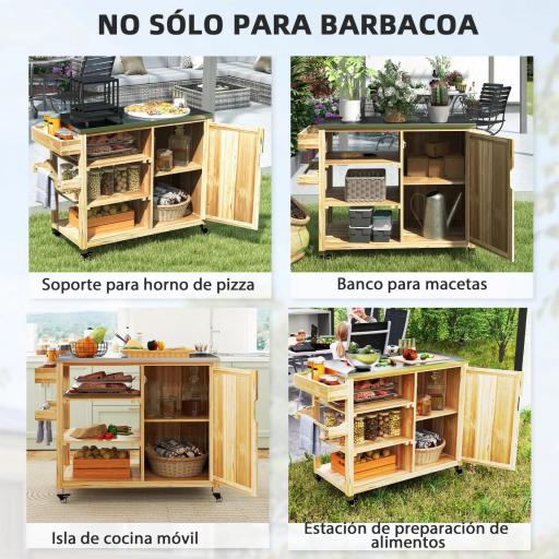 Carrito de Parrilla de Madera con 4 Ruedas Estantes Armario y Encimera de Acero Inoxidable 134,5x50x91,5 cm Natural [4]