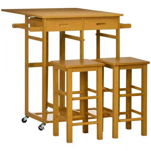 Juego de Mesa Alta de Bar y 2 Taburetes con Ruedas Mesa Plegable de Cocina con Taburetes 82,5x75,5x83,5 cm Marrón [9]