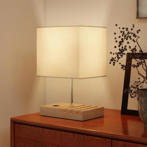 Lámpara de Mesa con Puertos USB-A/C Tres Ranuras para Teléfonos Base de Madera y Pantalla de Tela Blanco [3]