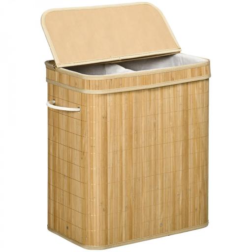 Cesto de Ropa Sucia 90 L de Bambú con 2 Compartimentos Asas Bolsa Interior Extraíble 54,2x35,2x59,5 cm Natural [8]