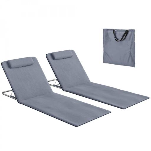 Conjunto de 2 Esterillas con Respaldo Reclinable Reposacabezas y Bolsa de Transporte 134x48x33-43 cm Gris [9]