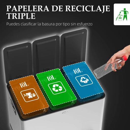 Papelera Cocina de Acero Inoxidable con 3 Compartimentos 3x10L con Pedales Tapas de Cierre Suave y Cubo Extraíble Plata [3]