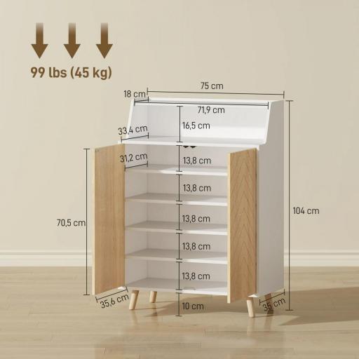 Zapatero Entrada Recibidor con 2 Puertas Estantes Ajustables y Compartimento Abierto 75x35x104 cm Blanco y Natural [3]