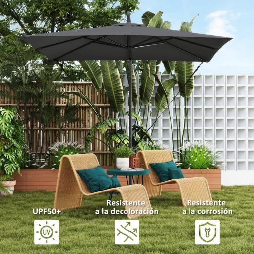 Parasol Excéntrico 247x247 cm con Base Cruzada Manivela Funda Protectora y Toldo Giratorio 360° Gris Oscuro [3]