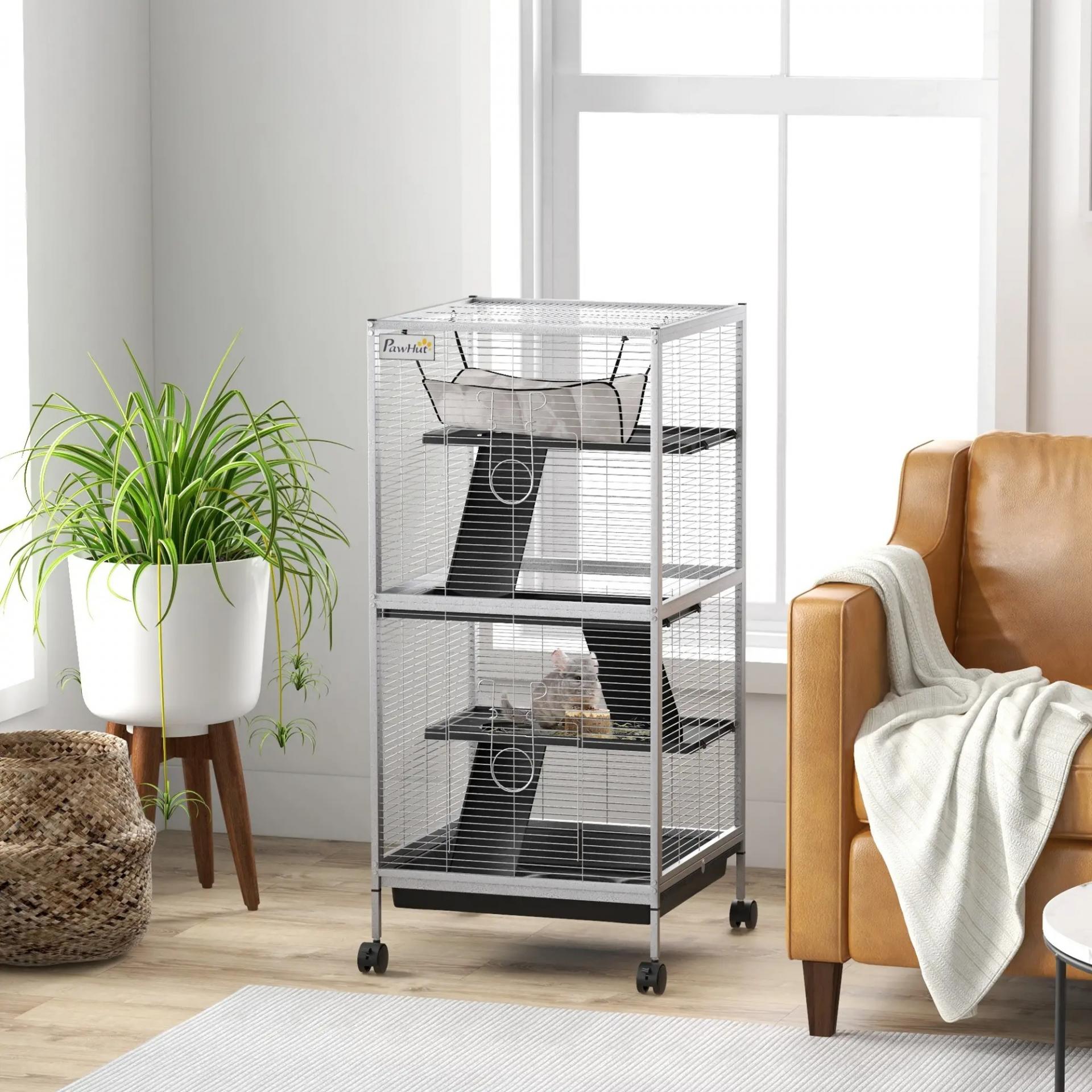 Jaula para Animales Pequeños con Ruedas 2 Puertas 3 Rampas Hamaca Colgante y Bandeja Extraíble 52x52x113,5cm Gris