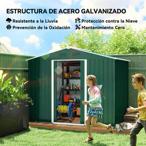 Caseta de Jardín de 3,6m² 236x174x190 cm Cobertizo Exterior para Herramientas con Puertas Correderas y 4 Ventanas Verde [2]