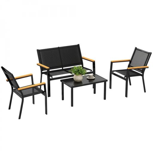 Conjunto Jardín Exterior de 4 Piezas con Sofá de 2 Plazas 2 Sillones Mesa de Cristal Templado Tela Textilene Negro [7]