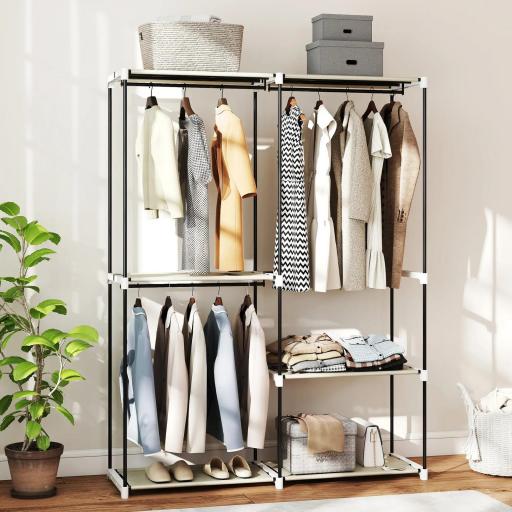 Armario de Ropa Armario Abierto con 4 Estantes de Tela 3 Barras para Colgar Marco de Metal 142x43x185 cm Crema