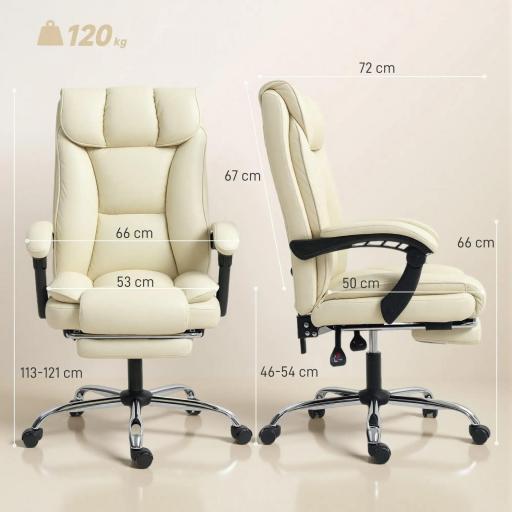 Silla de Escritorio con Reposapiés Respaldo Reclinable Acolchado Grueso Tapizada en Cuero Sintético Beige [1]