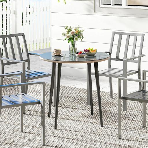 Mesa de Comedor de Jardín con Tablero de Vidrio Templado con Borde de Ratán Estructura de Acero 80x80x74 cm Gris [6]