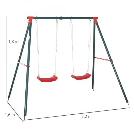 Columpio Doble para Niños +3 Años con Soporte de Metal Juego de Columpio Infantil Cuerda Ajustable Exteriores Carga Máx. 40kg 239x156x180 cm Verde Rojo [1]