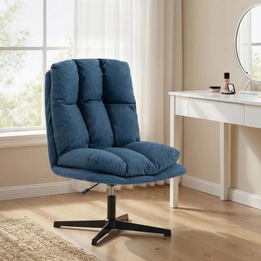 Butaca de Salón Giratorio 360° Altura Ajustable Asiento Ancho Tapizado en Lino Base de Metal Azul Oscuro [6]