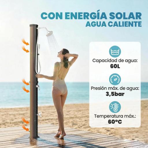 Ducha Solar Jardín 60L con Cabezal Ducha de Mano Grifo para Pies y Temperatura Ajustable Máx. 60 °C para Piscina Negro [4]