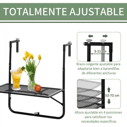 Mesa Colgante para Balcón Plegable de Metal con Altura Ajustable en 4 Niveles Carga 10 kg 60x60x57-72 cm Negro [4]