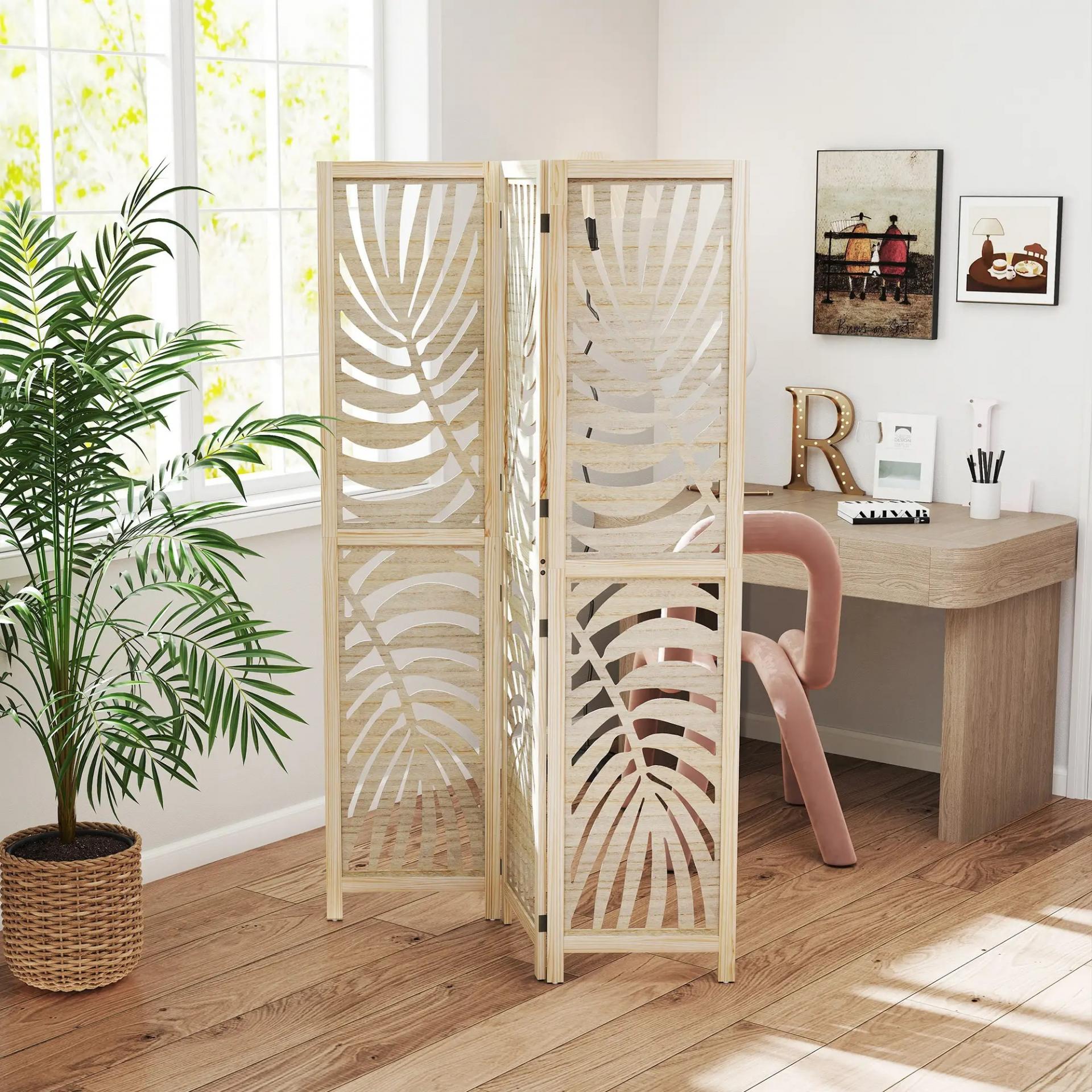 Biombo Divisor de Ambientes de 3 Paneles Plegable y Desmontable con Estampado de Hojas de Palma Tropical 120x1,7x170 cm