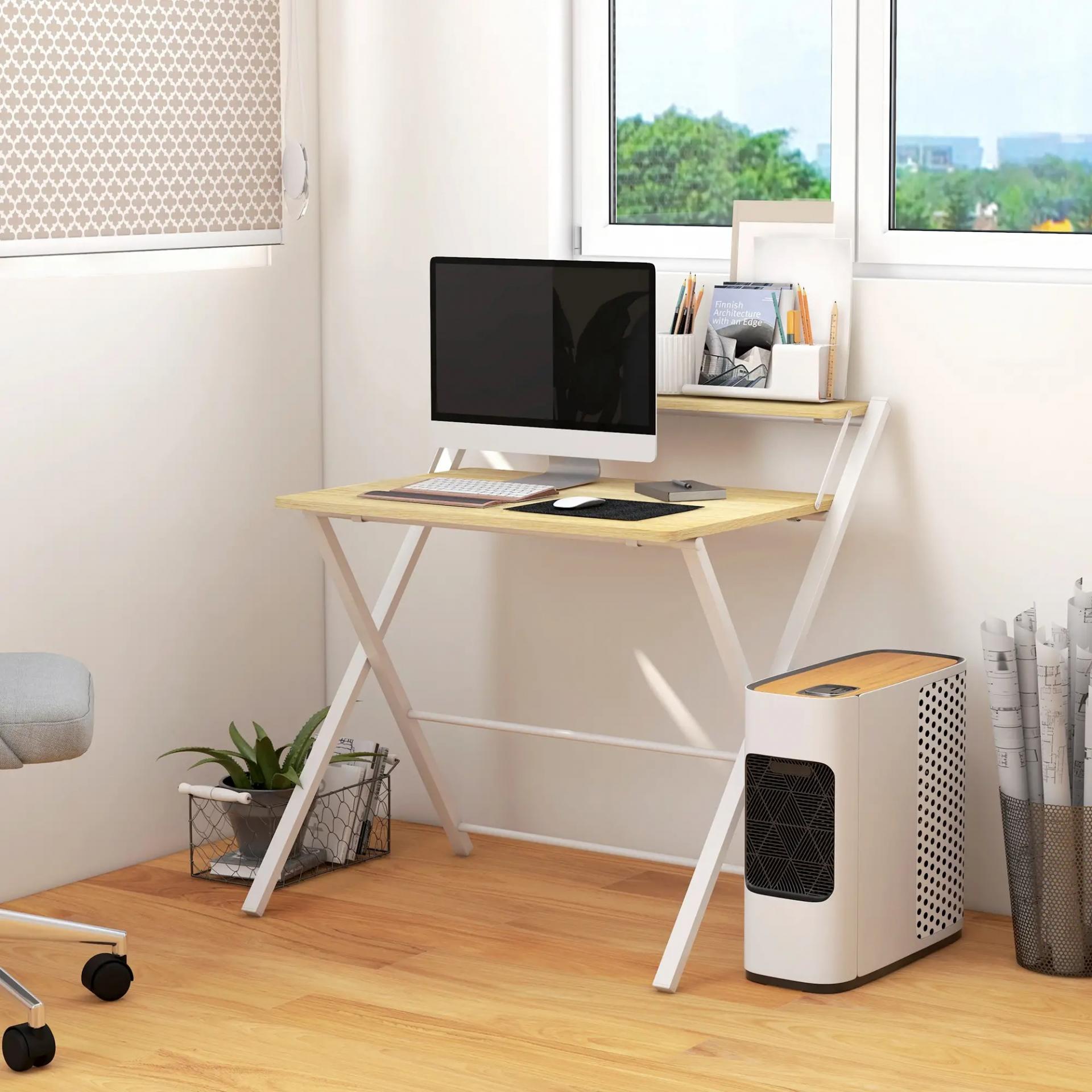 Mesa de Estudio Plegable con Estante Superior Estilo Moderno para Sala Oficina Dormitorio 81,5x70x84 cm Natural y Blanco