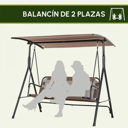Columpio de Jardín de Exterior de 2 Plazas Silla Balancín con Parasol Techo Ajustable en Ángulo Terraza Balcón Exterior Carga 200 kg 172x110x155 cm Marrón [3]