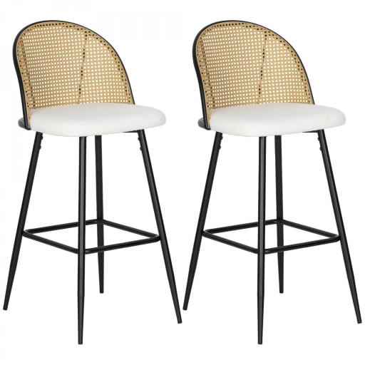 Juego de 2 Taburetes de Bar con Respaldo de Ratán Asiento Tapizado en Borreguito Marco de Acero y Reposapiés Crema [10]
