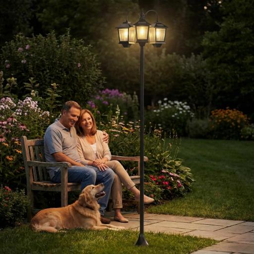 Farola Solar Exterior de Jardín de Aluminio con 3 Cabezales con Encendido/Apagado Automático IP44 40x34,5x188 cm Negro [0]
