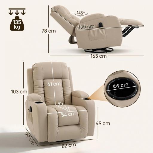 Sillón de Masaje Giratorio Sillón Relax Reclinable con 8 Puntos de Masaje Función de Calefacción 82x99x103 cm Crema [1]
