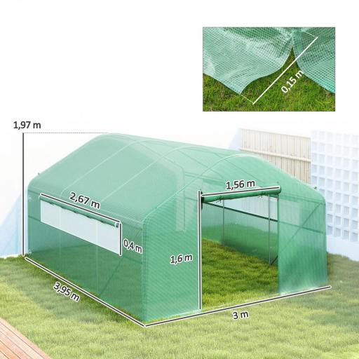 Invernadero de Túnel 4x3x2 m con 2 Ventanas Cubierta de PE Anti-UV y 1 Puerta Enrollable con Cremallera Verde [1]