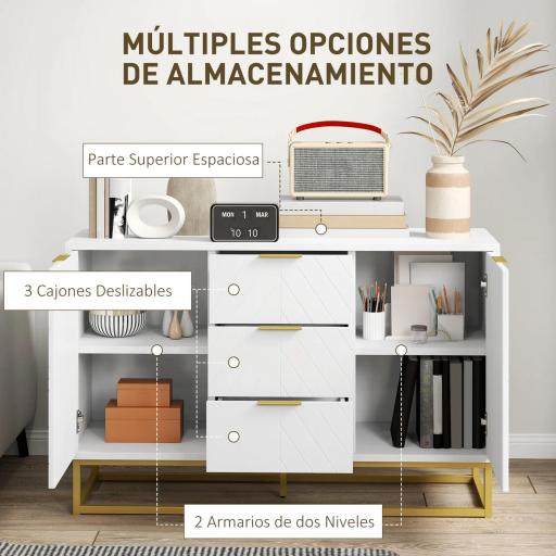 Aparador Moderno Aparador para Salón con 3 Cajones 2 Puertas y Estante Ajustable Mueble Auxiliar para Salón Cocina Antivuelco 120x40x76 cm Blanco [6]