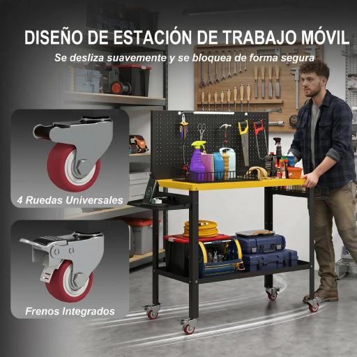 Banco de Trabajo con Panel Perforado Mesa de Trabajo con Enchufes Luz LED Ruedas Marco de Metal Negro y Amarillo [3]
