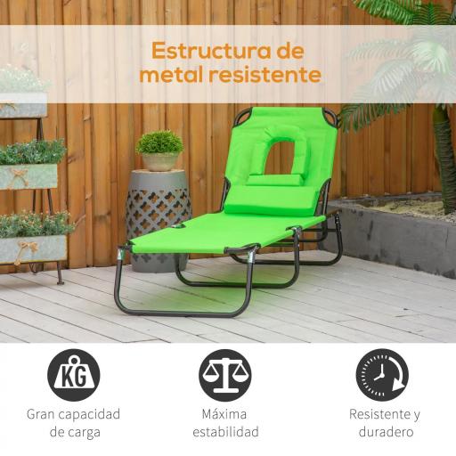 Tumbona Plegable con Respaldo Regulable en 4 Posiciones Tumbona de Jardín con Orificio de Lectura Almohada Marco Metálico y Tela Oxford para Playa Terraza Carga 120 kg 190x56x28 cm Verde [6]