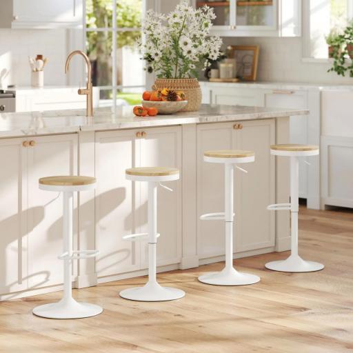 Juego de 2 Taburetes Altos de Cocina con Altura Ajustable Asiento de Madera Marco de Acero y Reposapiés Natural y Blanco [5]