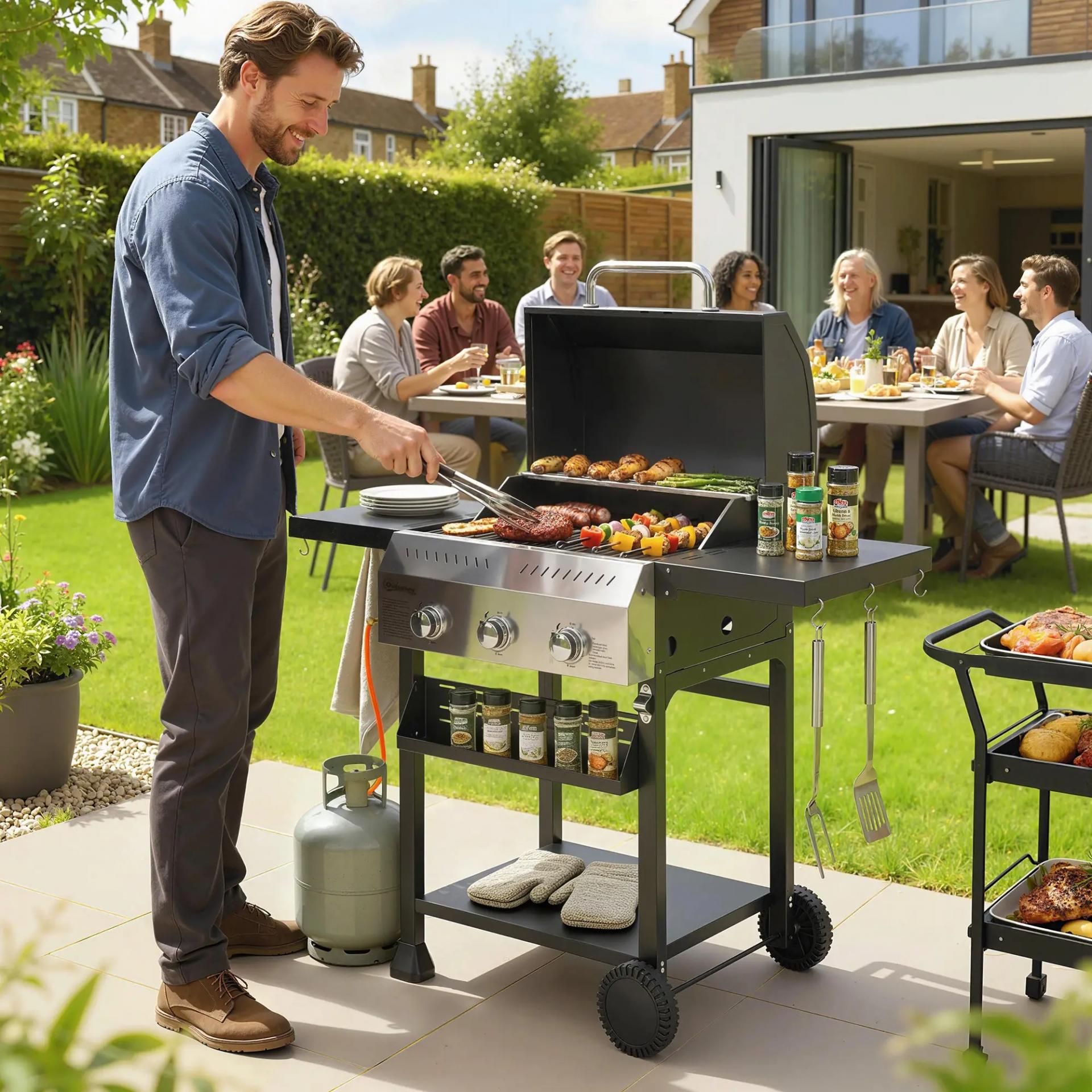 Barbacoa de Gas con 3 Quemadores Termómetro Parrilla Mesas Laterales Plegables Estante y Ruedas 123x57x102 cm Negro