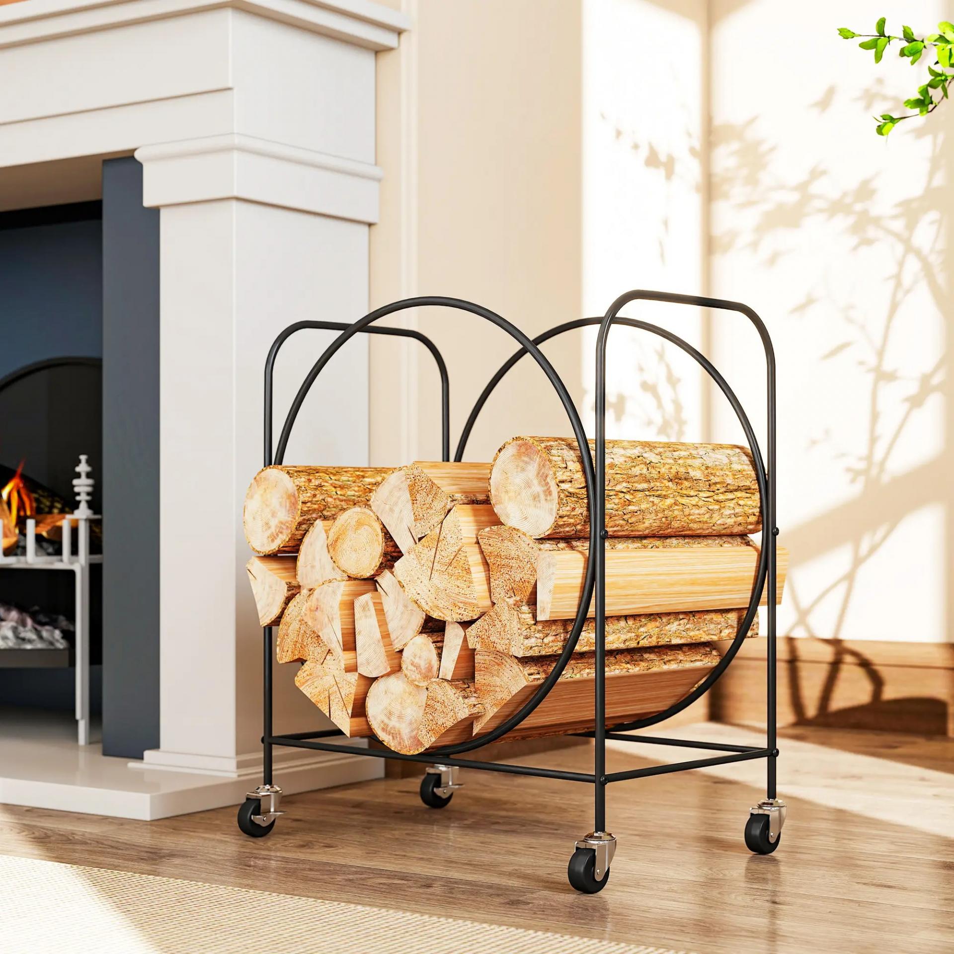 Leñero Exterior Metálico de Chimenea Soporte para Leña con Ruedas para Interior y Exterior 51x30x60 cm Negro