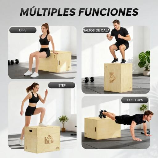 Cajón de Salto de Madera 3 en 1 con 2 Mango Hueco Carga 120 kg para Casa Oficina Gimnasia 61x51x76 cm Madera Natural [4]