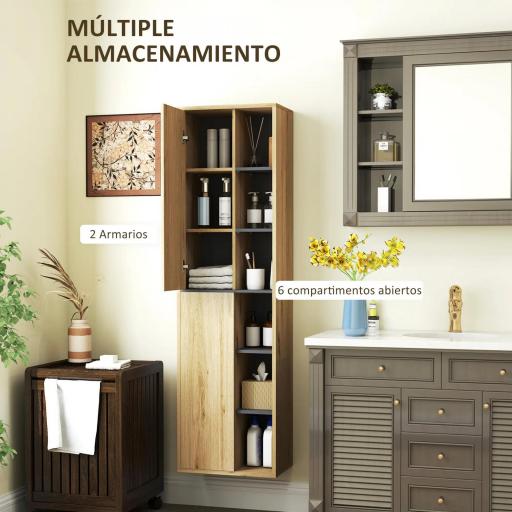 Columna de Baño de Pared Armario de Baño con Compartimentos Abiertos y 2 Puertas 40x24x141,5 cm Natural [2]