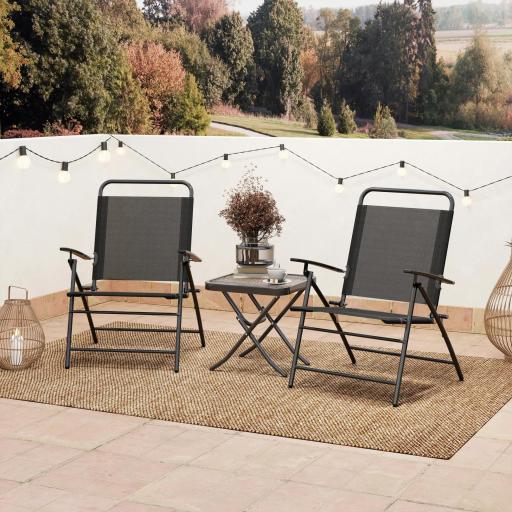 Conjunto de 3 Piezas Mesa con Encimera de Cristal y Sillas Plegables con Respaldo Regulable para Terraza Exterior Negro [3]