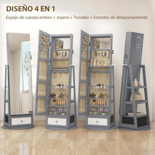 Espejo Joyero con Luces LED Armario Joyero con Espejo Entero Giratorio de 360° Cajón Cerradura Gris Claro [5]