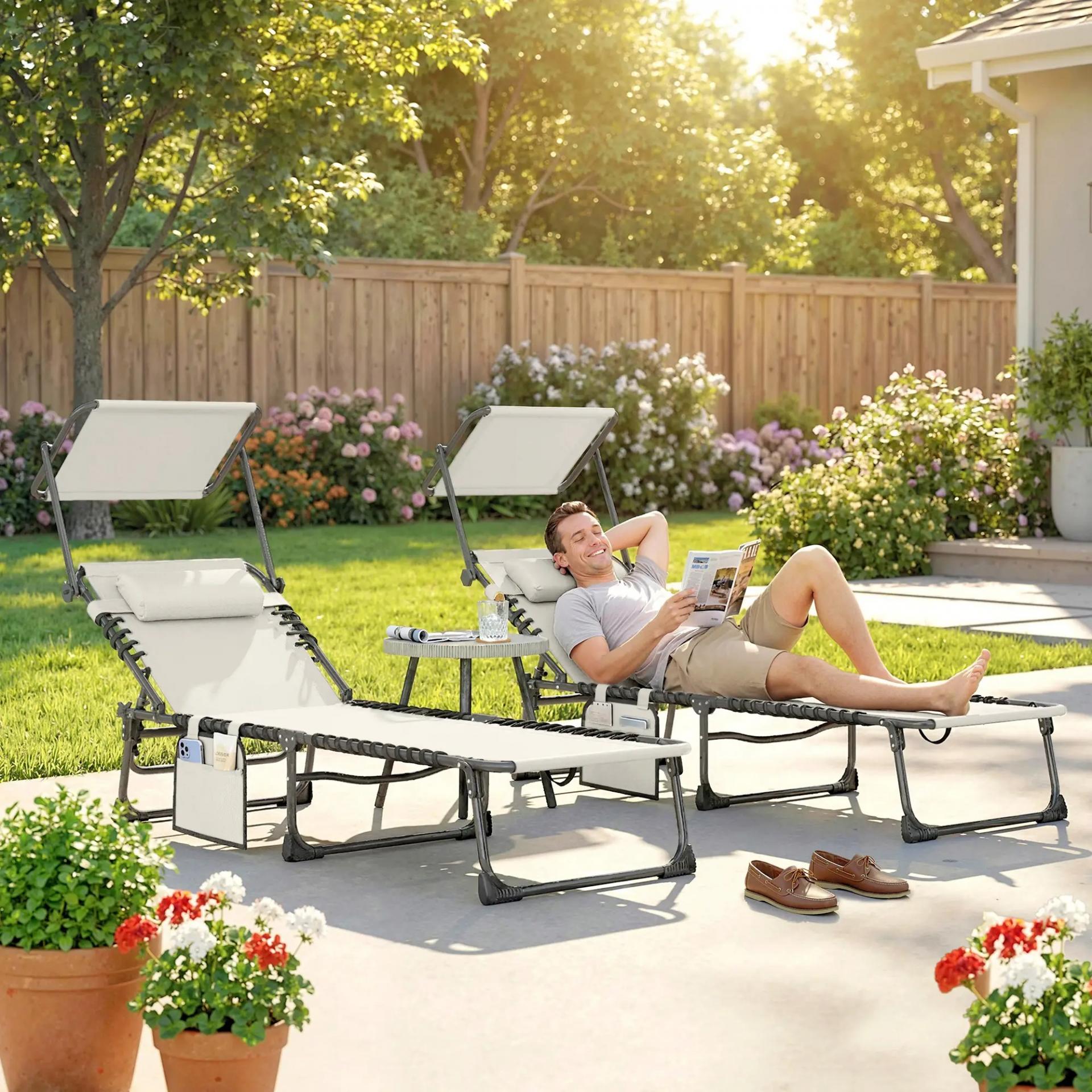 Set de 2 Tumbonas Plegables con Reposacabezas Parasol Bolsillo Lateral y Respaldo Reclinable en 5 Posiciones Crema