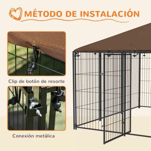 Perrera con Toldo y Soporte Giratorio para Comida 2 Cuencos Incluidos 211x211x151 cm Negro y Café [3]