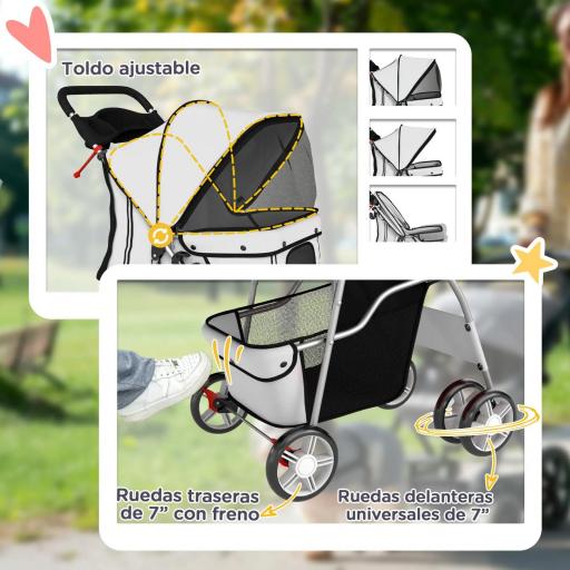 Carrito para Perros Pequeños con Cesta de Almacenaje Portavasos Ruedas y Cojín Lavable 77x44x102 cm Gris [5]