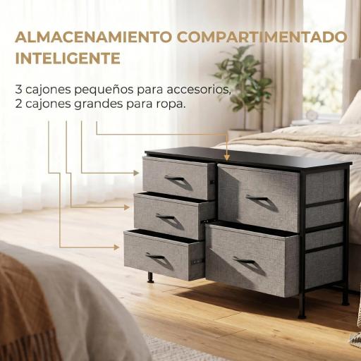 Cómoda con 5 Cajones de Tela Cómoda para Dormitorio Marco de Acero Cajonera para Salón Oficina Gris Oscuro y Negro [3]