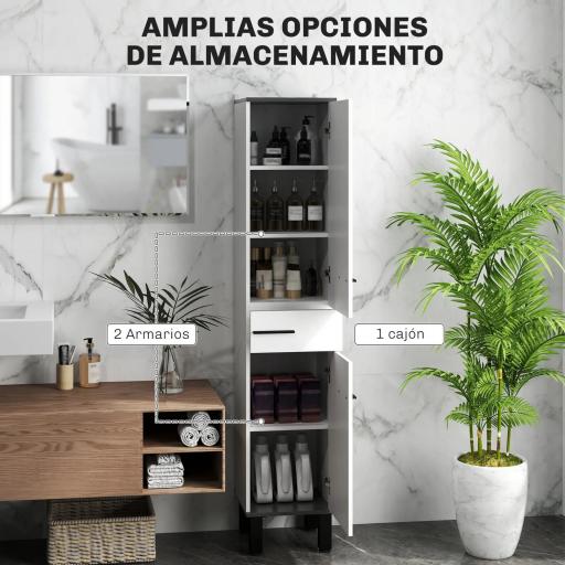 Armario Alto de Baño con Cajón 2 Puertas y Estantes Ajustable Mueble Auxiliar de Baño Anti-vuelco 34x32x170 cm Blanco  [5]