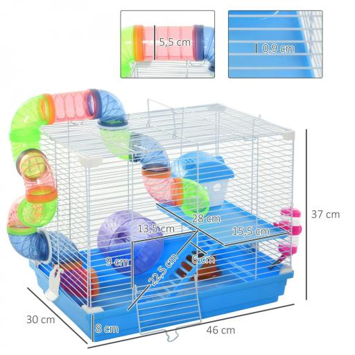 Jaula para Hámster 46x30x37 cm Casa para Hámster con Tubos Comedero Bebedero Rampa Rueda de Ejercicio y Asa Portátil para Interior y Exterior Azul y Blanco [1]