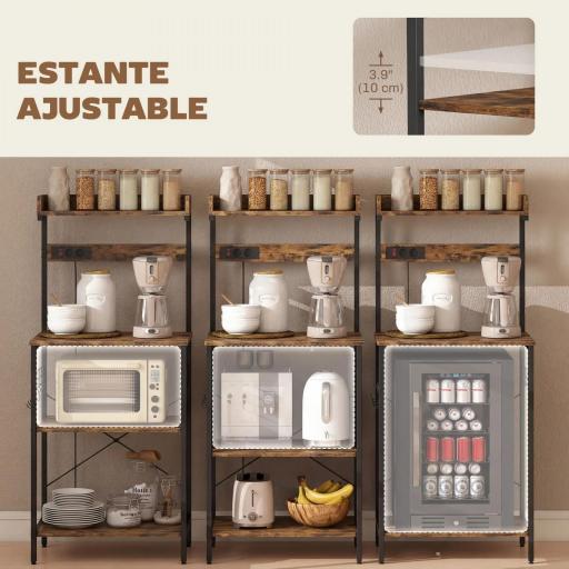 Estantería de Cocina con 2 Tomacorrientes Estante para Microondas Estante Ajustable Ganchos 60x42x137 cm Marrón Rústico [2]