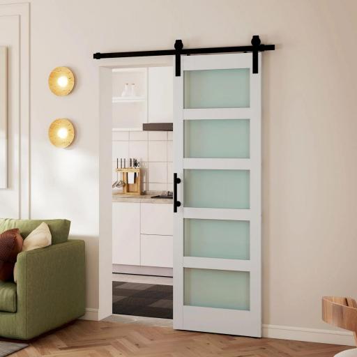 Puerta Corredera Interior 71x213 cm con Kit de Montaje, MDF y Vidrio Esmerilado, Riel y Herrajes, Blanco [4]