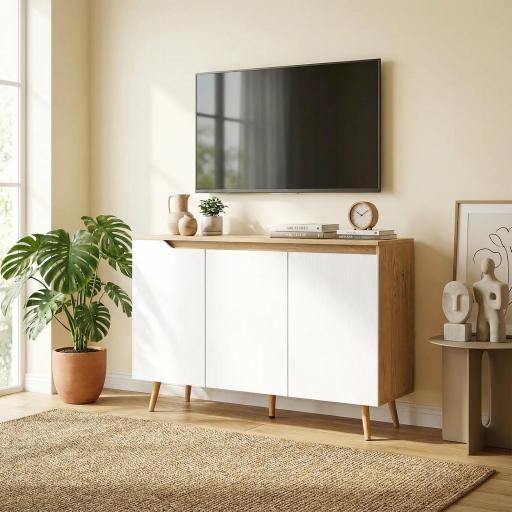 Aparador de Salón con 3 Puertas Estantes Ajustables Patas de Madera para Cocina Entrada 107x35x76,5 cm Roble y Blanco [7]