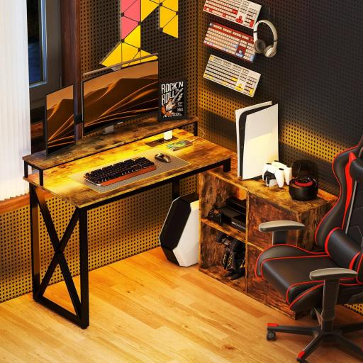 Escritorio Industrial con Luces LED y Estación de Carga con Patas Ajustables y Soporte en X 130x110x91 cm Madera Rústica [3]