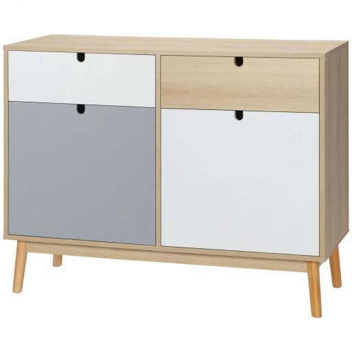 Aparador Auxiliar Mueble de Almacenamiento de Salón con 2 Armarios Cerrados y 2 Cajones Patas Elevadas de Madera de Pino para Cocina Dormitorio Entrada 100x40x79,5 cm Multicolor [9]