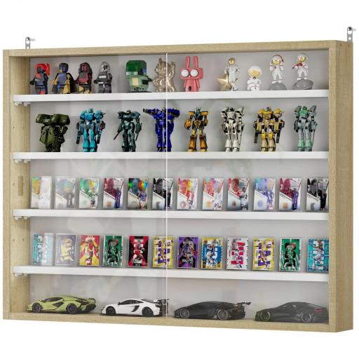 Vitrina de Pared de Madera con Estantes Ajustables y 2 Puertas Correderas de Cristal 80x9,5x60 cm Blanco y Natural [8]