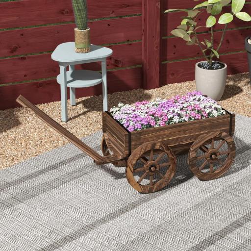 Jardinera de Madera Exterior en Forma de Carrito con 4 Ruedas y Mango para Balcón Jardín Patio 120x41x54 cm Carbonizado [4]