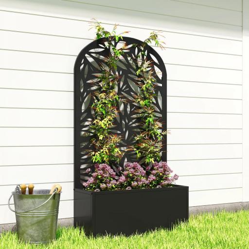 Jardinera con Pantalla de Privacidad Curva de Hojas de Metal y Opción de Montaje en Pared 61x23x113 cm Negro [7]